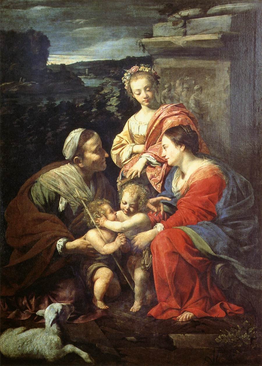 De Heilige Familie met de heiligen Elizabeth, Johannes de Doper en Catharina door Simon Vouet
