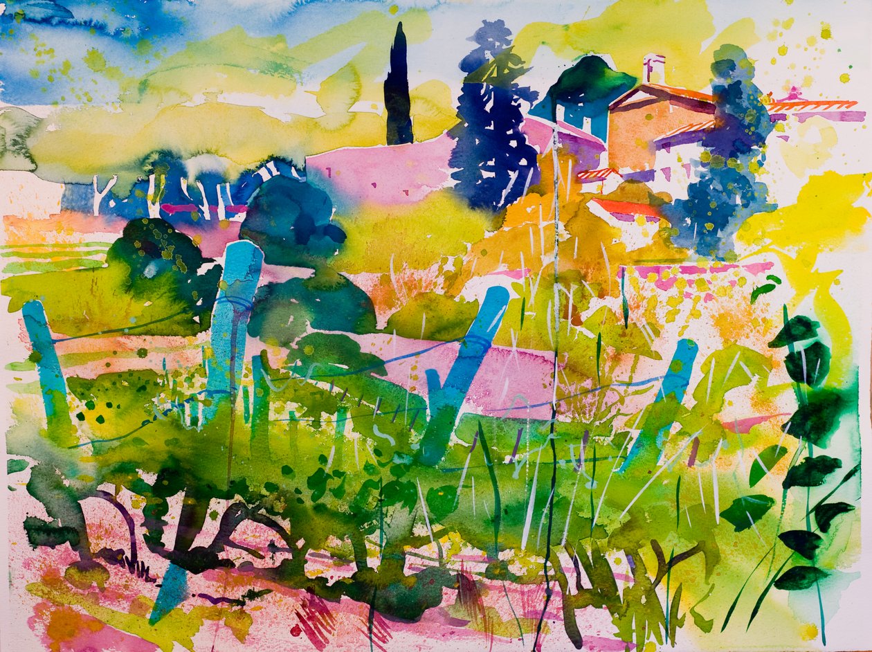 Een tempel en wijnranken (aquarel op papier) door Simon Fletcher