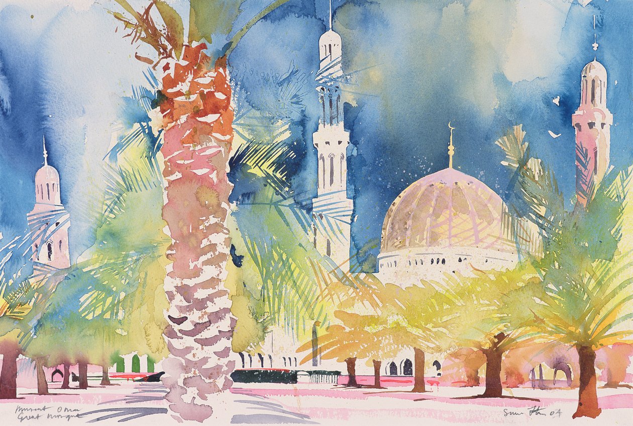 Muscat, Grote Moskee, 2004 (aquarel op papier) door Simon Fletcher