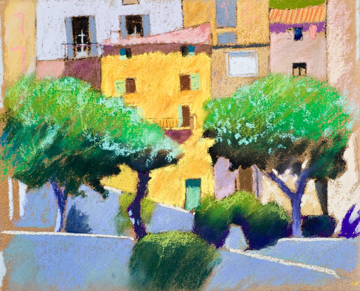 Gevels van Roquebrun (pastel op papier) door Simon Fletcher
