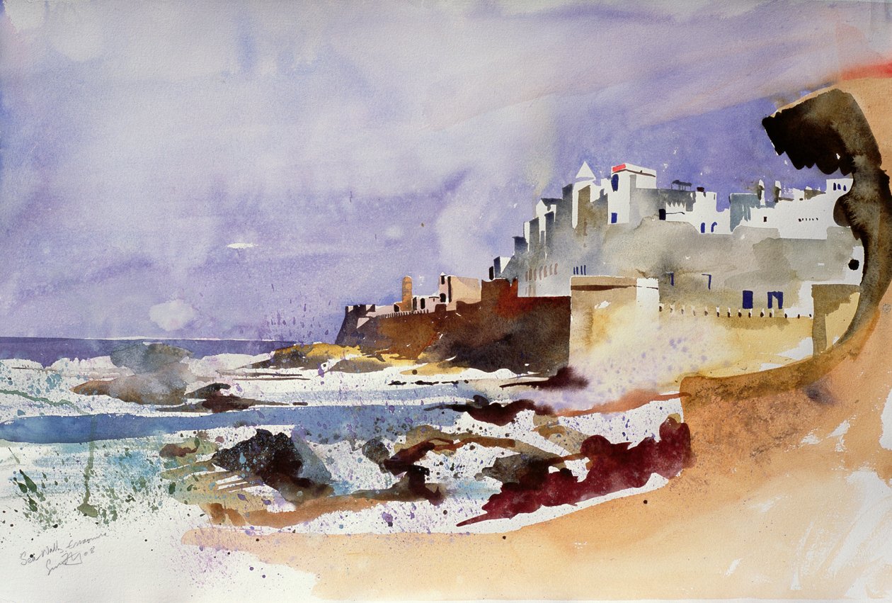 Zeemuur, Essaouira (aquarel op papier) door Simon Fletcher