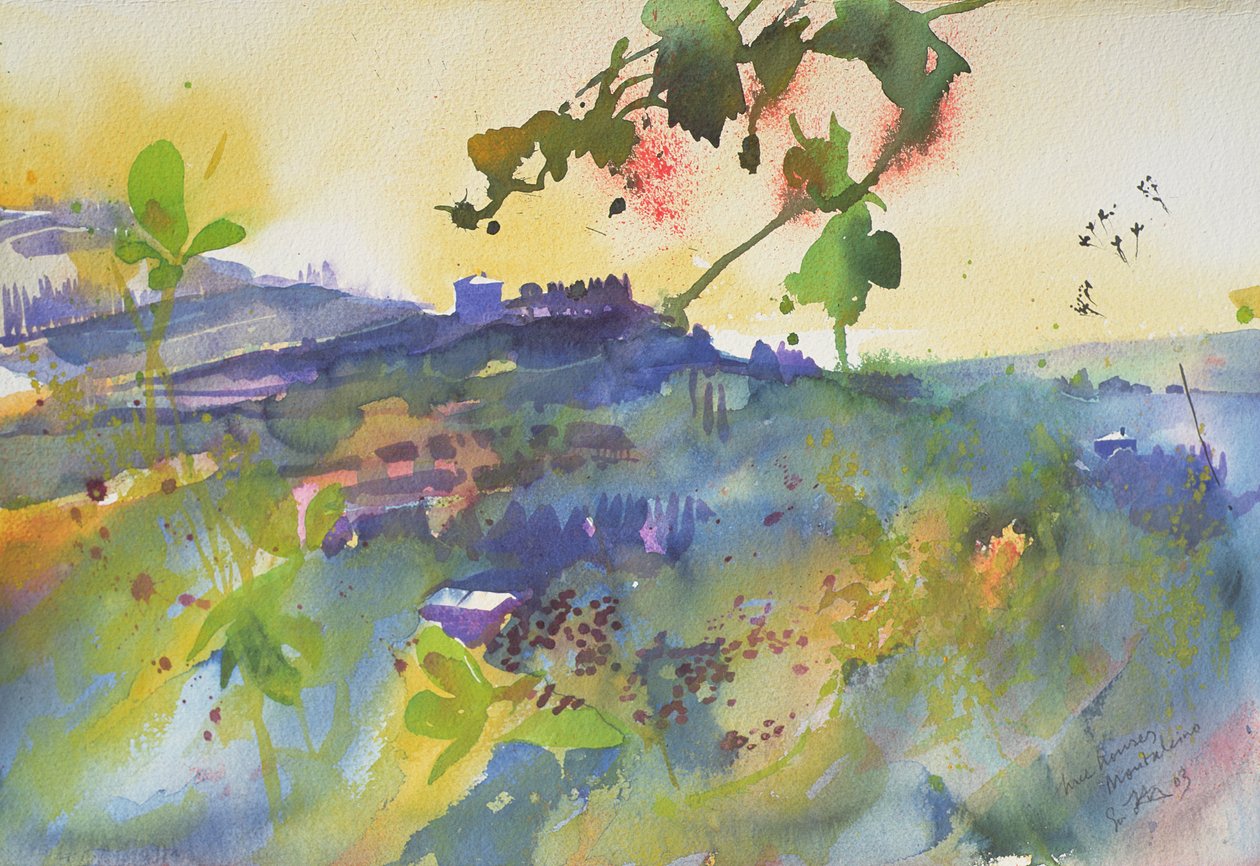 Drie huizen Montalcino, Italië, 2003 (aquarel) door Simon Fletcher