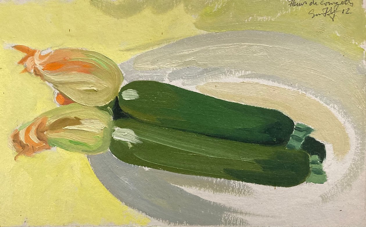 Twee courgettes (olie op karton) door Simon Fletcher