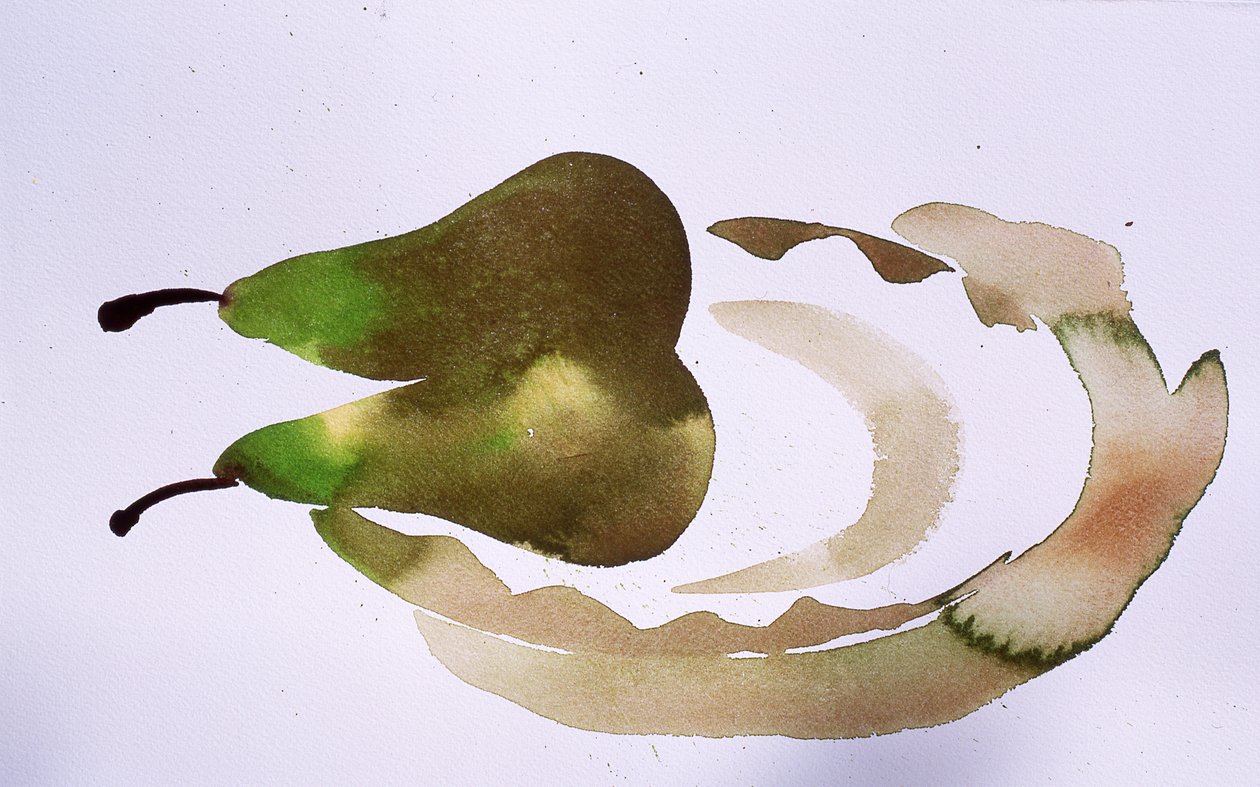 Twee peren op een bord, 2010 (aquarel) door Simon Fletcher