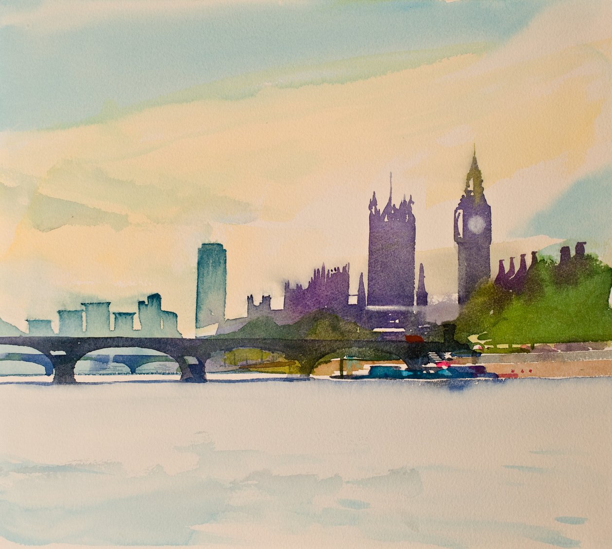 Westminster vanaf de loopbrug II, 2016 (aquarel) door Simon Fletcher