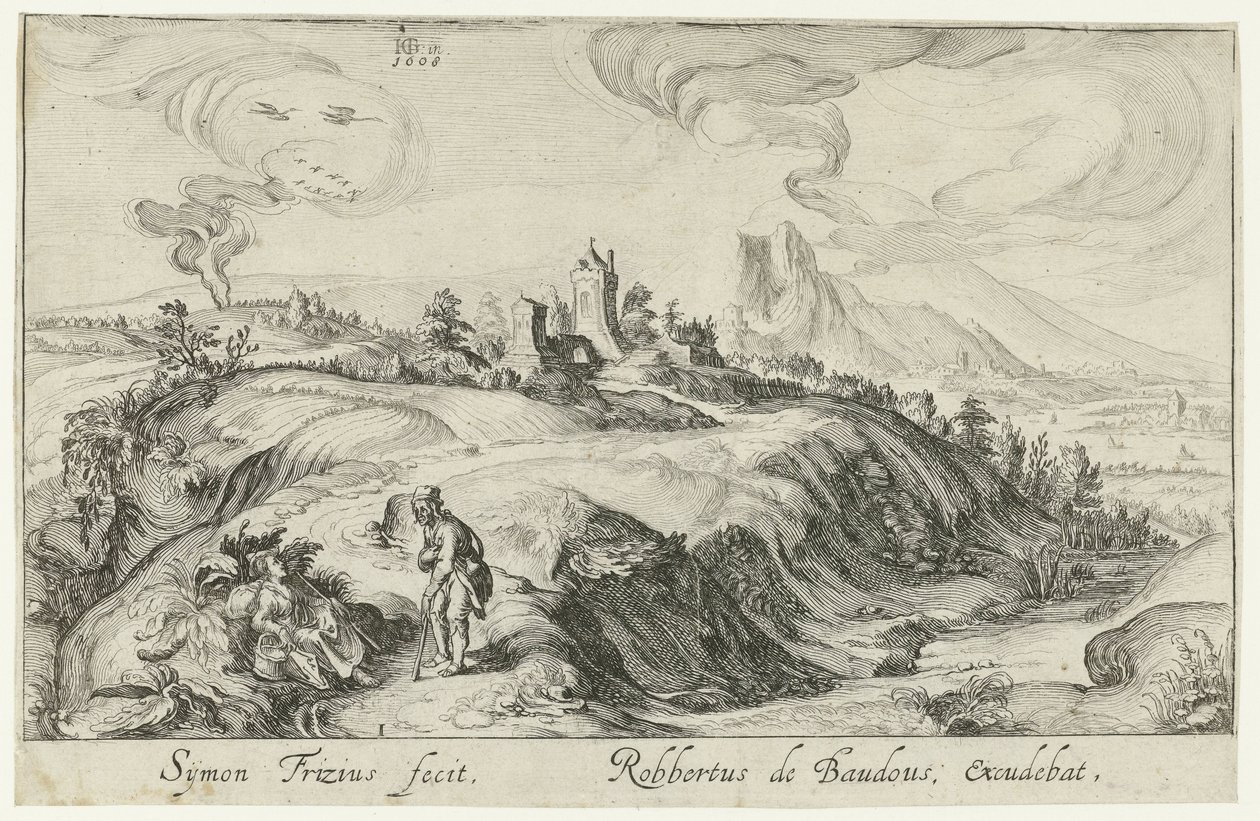 Berglandschap met twee figuren door Simon Frisius
