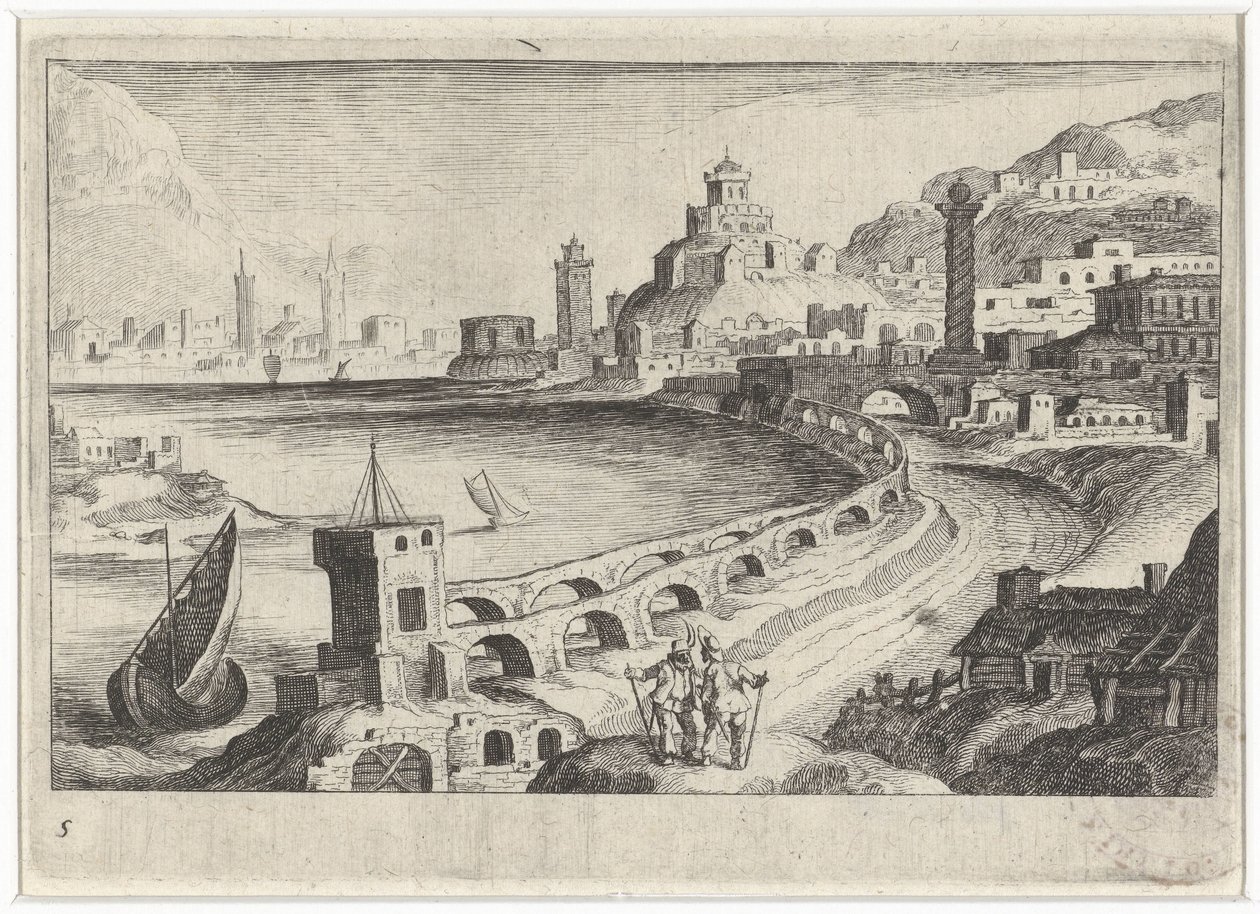 Stadsgezicht met een aquaduct door Simon Frisius