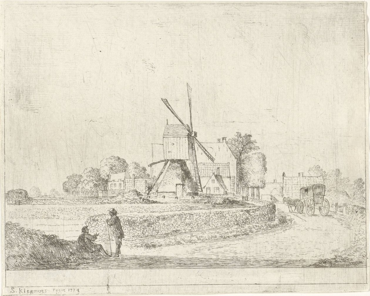Molen en huizen langs een landweg door Simon Klapmuts