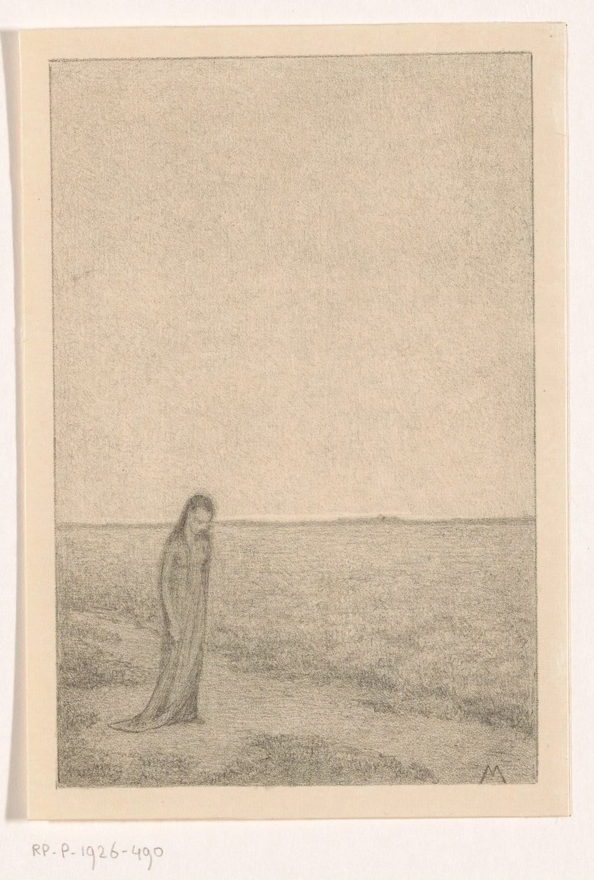 Vrouw in vlak landschap door Simon Moulijn