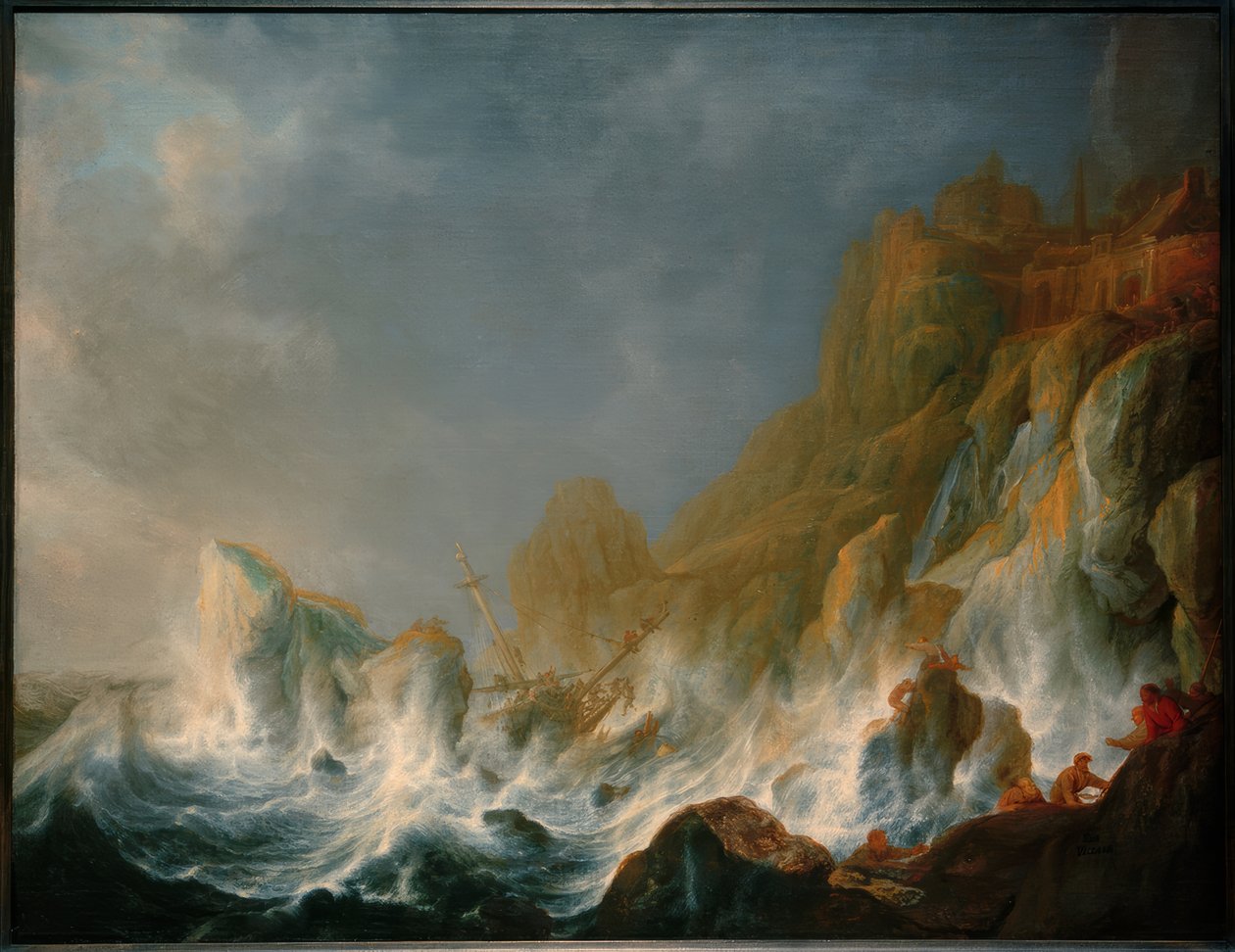 Schipbreuk in een zeestorm aan een rotskust door Simon de Vlieger