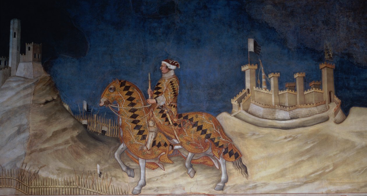 Herdenking van Guidoriccio da Fogliano bij het beleg van Montemassi, uit de Sala del Mappamondo, 1328 (detail) door Simone Martini