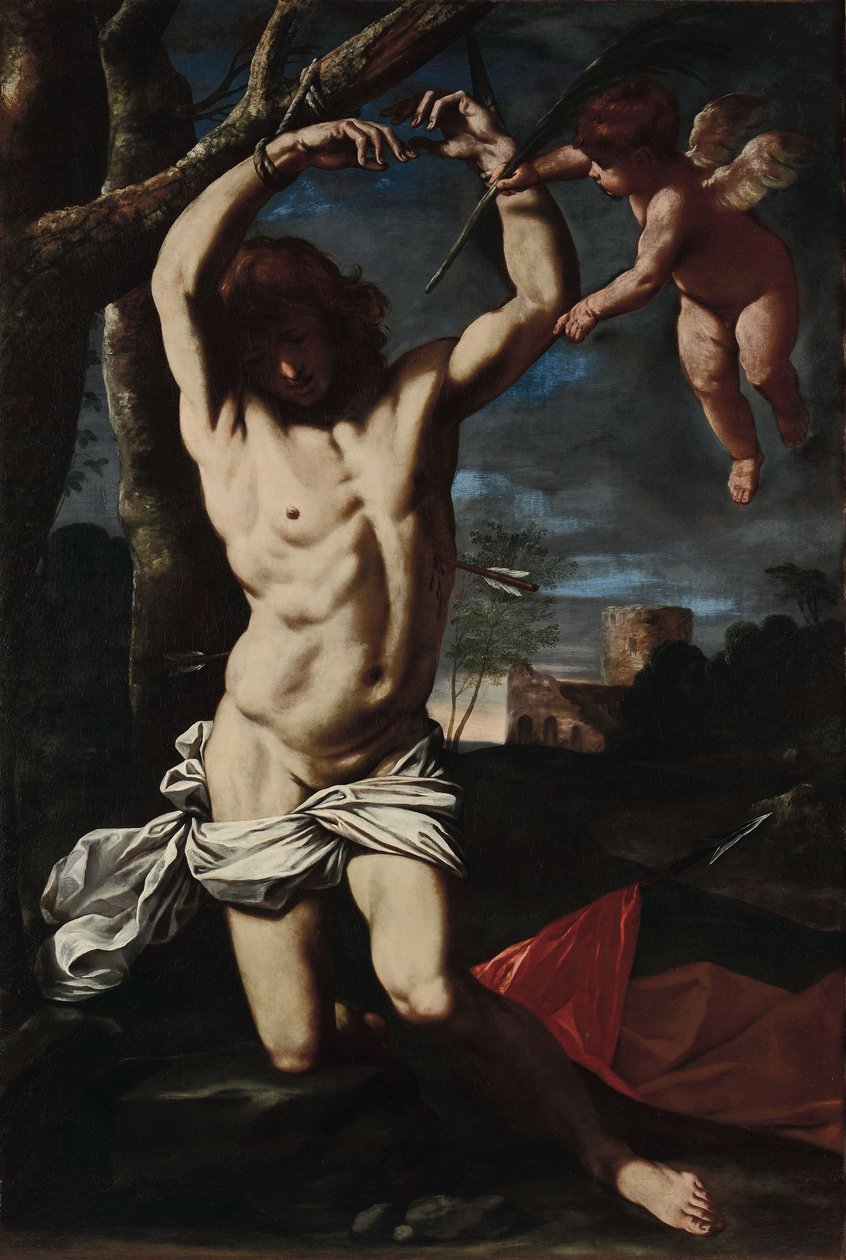 Sint Sebastiaan en een engel door Simone Cantarini