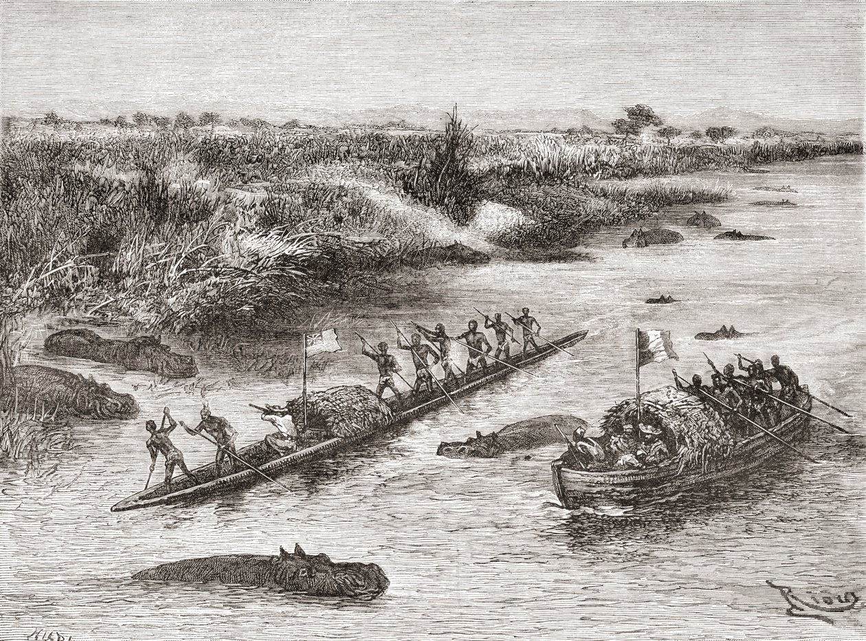Franse en Britse ontdekkingsreizigers jagen op nijlpaarden op de Congo-rivier in de 19e eeuw, uit 