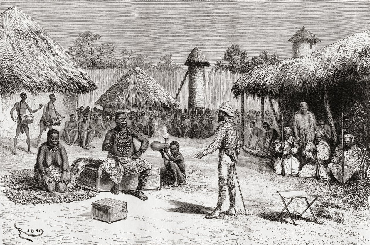 Ontvangst voor ontdekkingsreiziger Pietro Paolo Savorgnan di Brazza in het huis van Chief Ketimkuru, Uemba, Centraal-Afrika, uit 