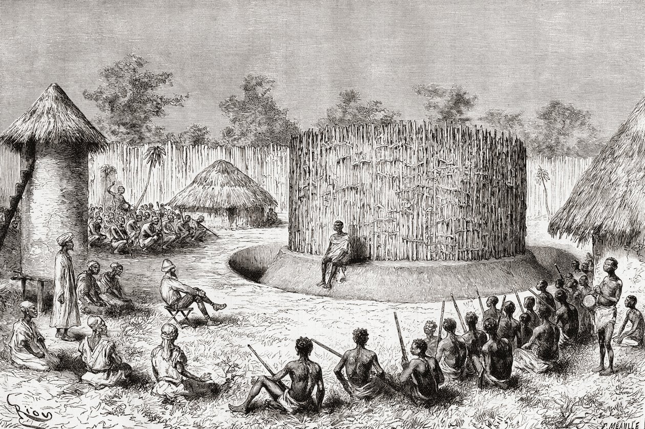 Ontvangst voor ontdekkingsreiziger Pietro Paolo Savorgnan di Brazza in het dorp van Chief Mkewe, Tanzania, uit 