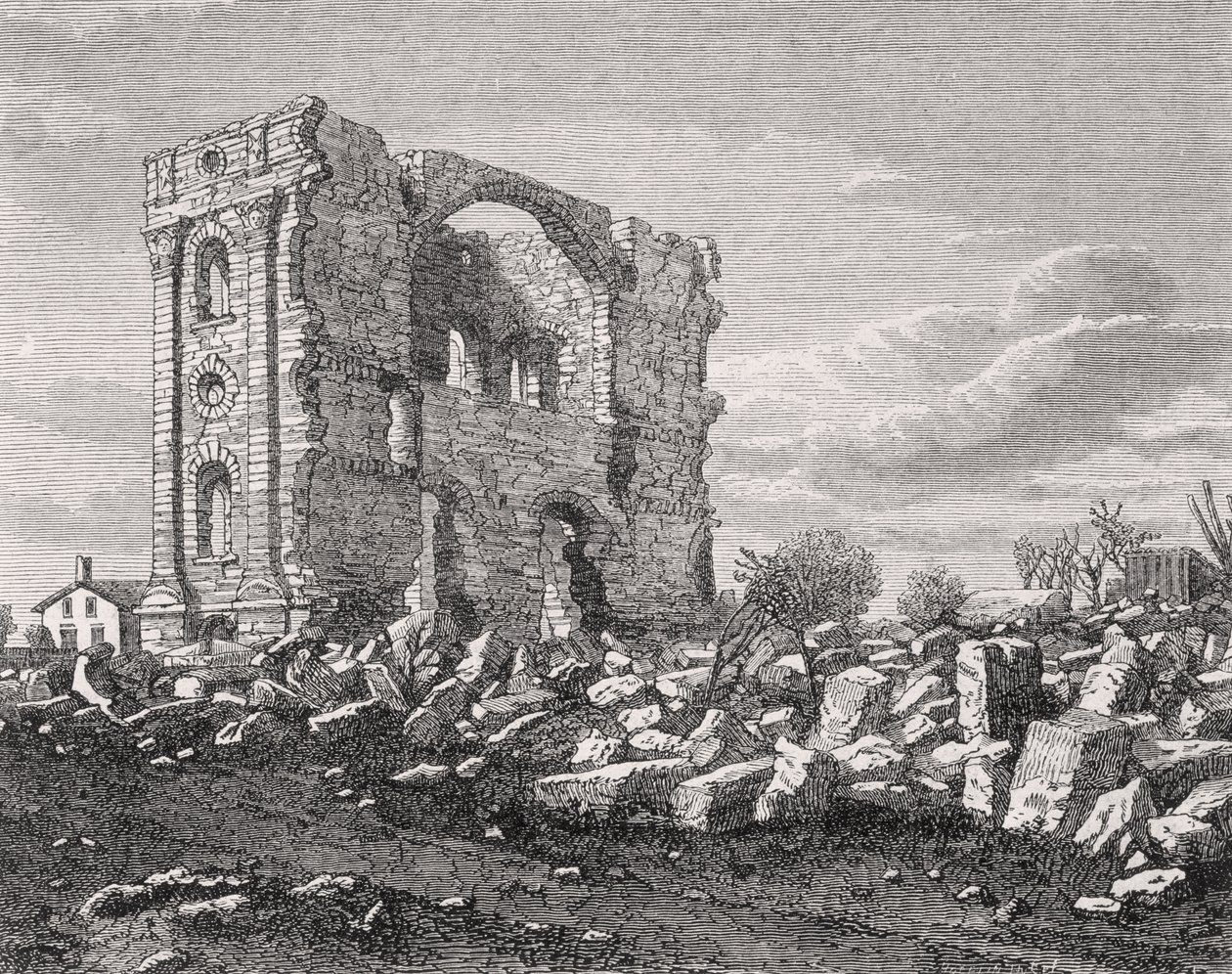 Ruïnes van de Mormoonse Tempel, Nauvoo, Illinois, in de jaren 1850, uit 
