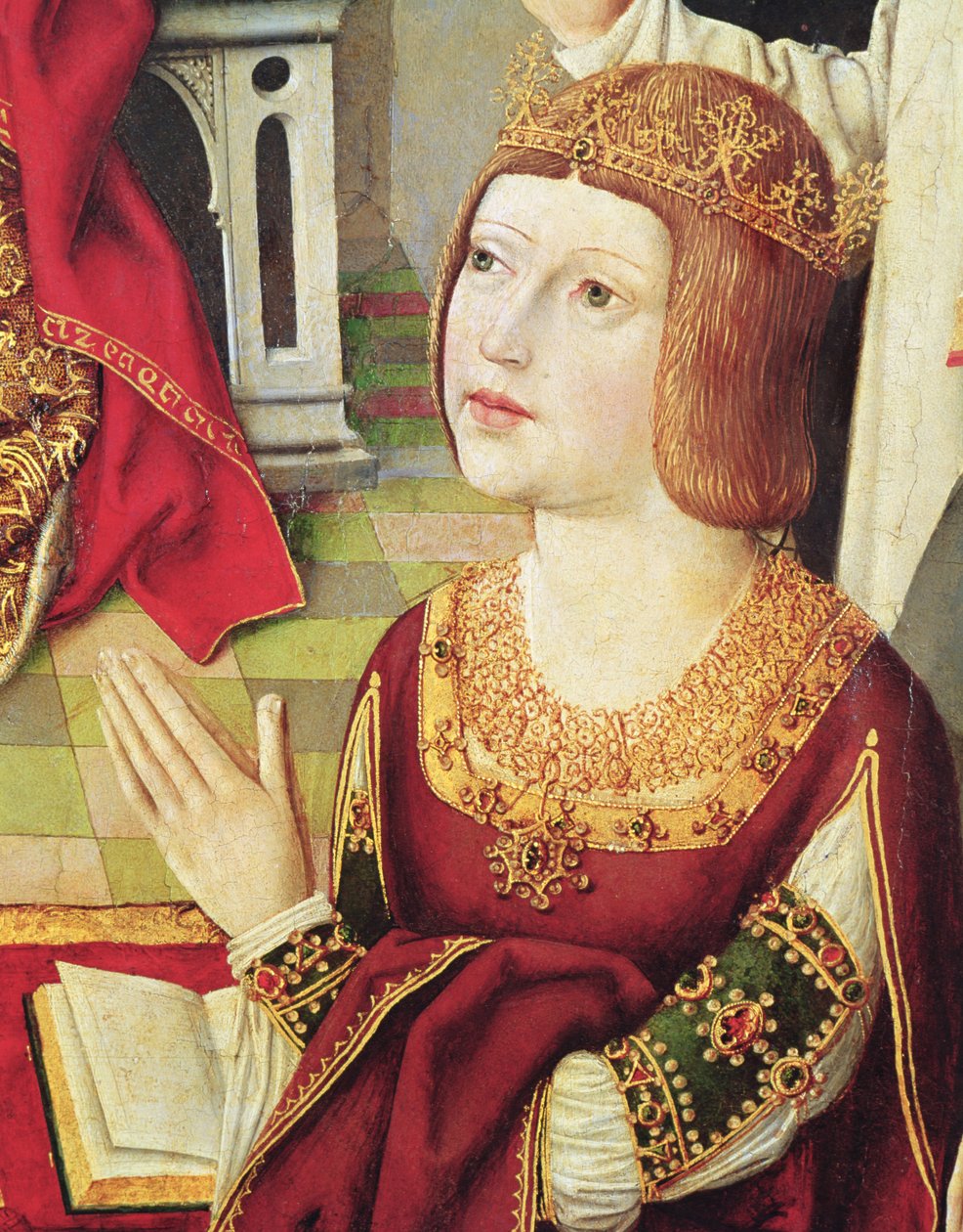 De Maagd van de Katholieke Koningen, detail van Isabella de Castille (1451-1504) ca. 1490 door Spanish School
