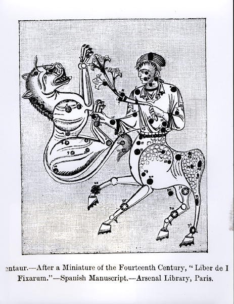 De centaur, uit Liber de Stellis Fixarum, illustratie uit Wetenschap en Literatuur in de Middeleeuwen en Renaissance, geschreven en gegraveerd door Paul Lacroix, 1878 door Spanish School