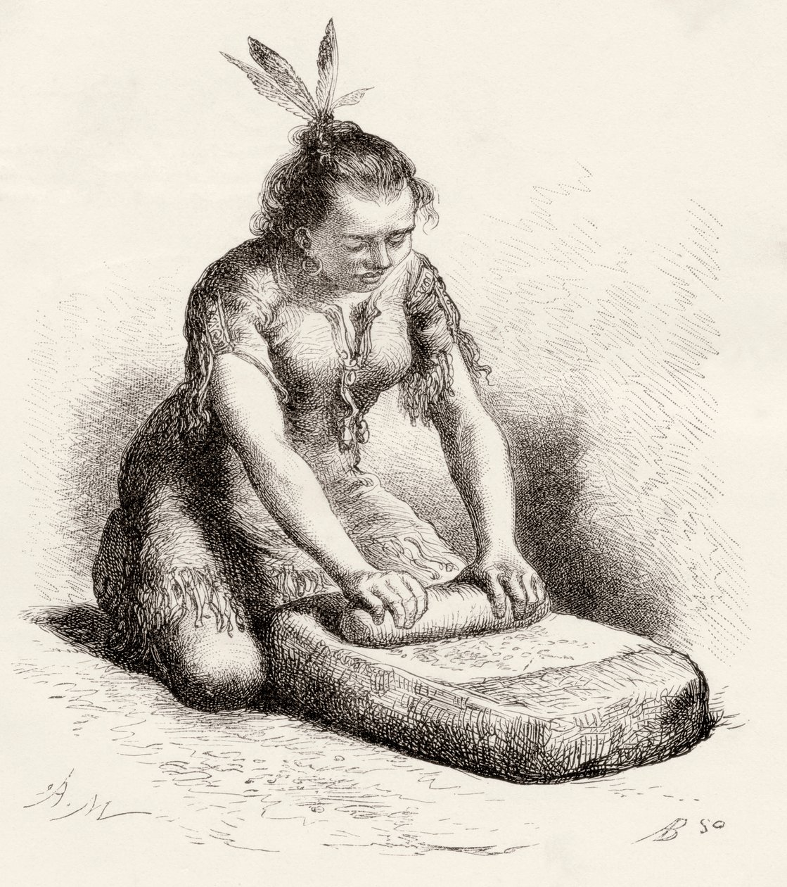 Een inheemse Guayan-vrouw die graan vermaalt (gravure) door Spanish School
