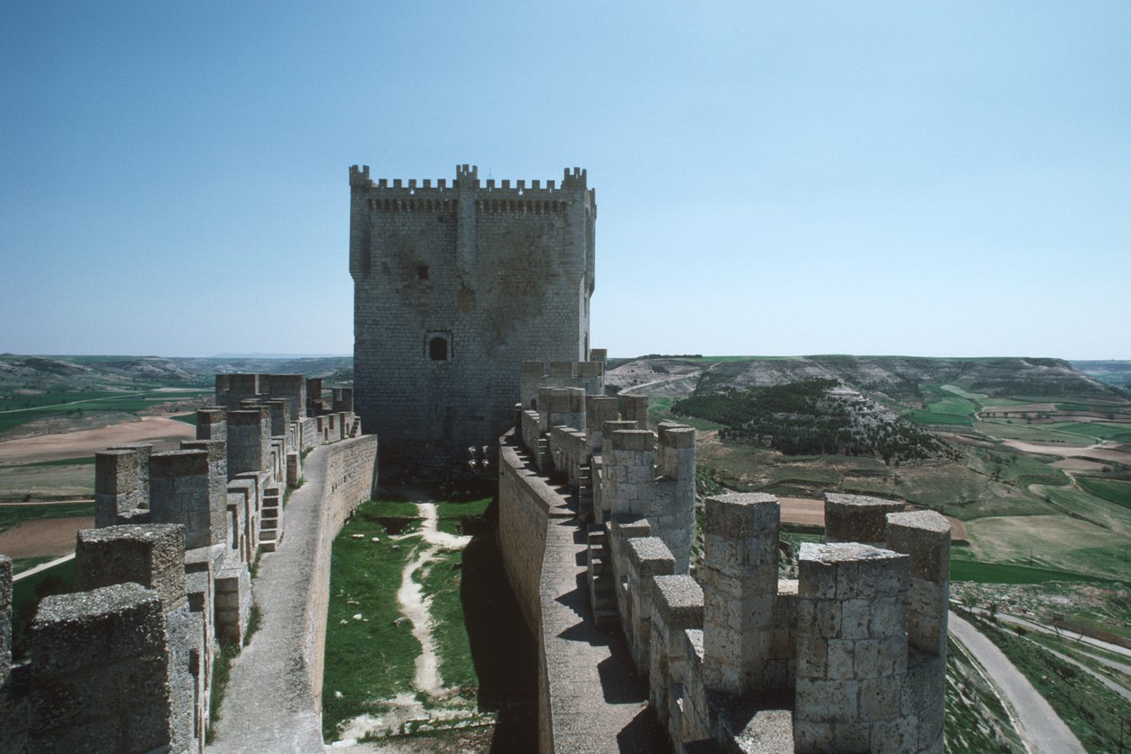 Uitzicht op de kasteelmuren en donjon door Spanish School