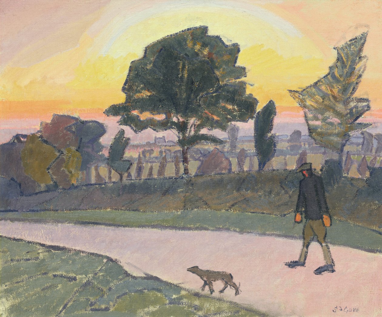 Zonsondergang, Letchworth, met man en hond, 1912 door Spencer Frederick Gore