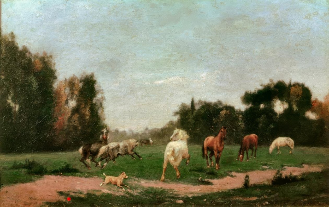 Paarden dartelen in de weide door Stanislas Lepine