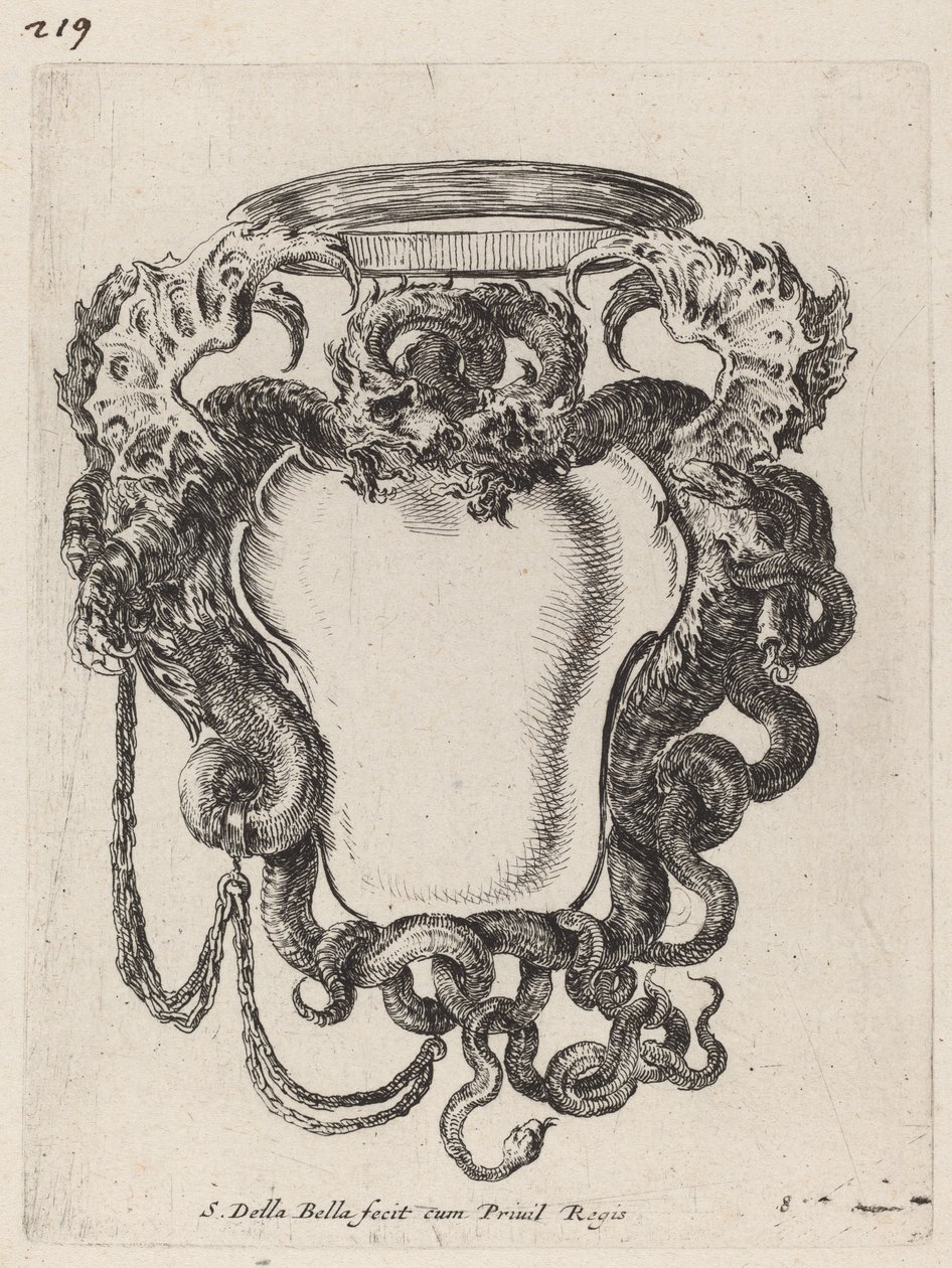 Cartouche geflankeerd door draken door Stefano della Bella