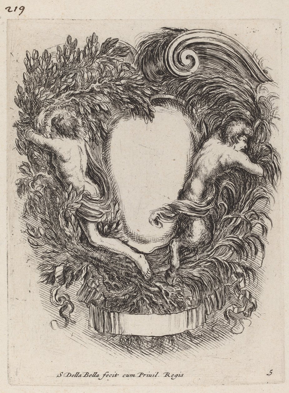 Cartouche met Apollo en Pan door Stefano della Bella