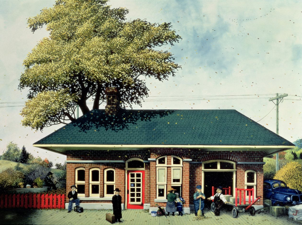 Het treinstation, herfst, uit De vier seizoenen in Quebec door Stephane Poulin