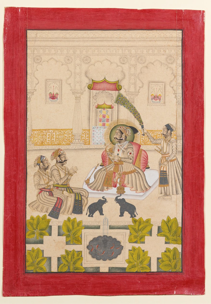 Maharana Amar Singh II wordt twee zilveren olifanten getoond door Stipple Master