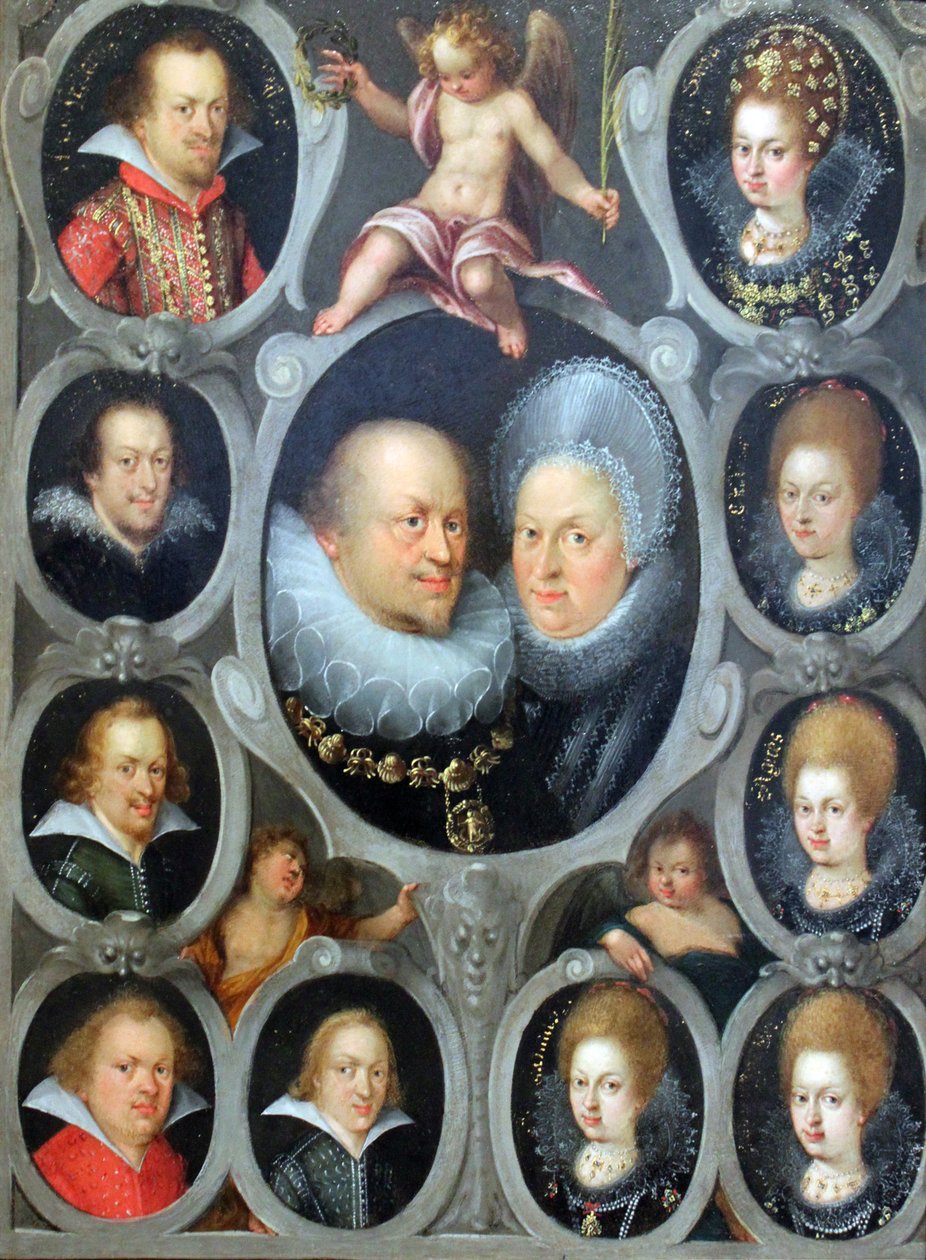 Hertog Friedrich I. (1557-1608) (reg. 1593 - 1608) en hertogin Sibylla van Württemberg met tien van hun kinderen door Stuttgarter Hofmaler