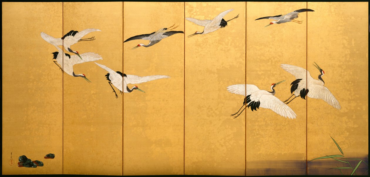 Riet en kraanvogels, Edo-periode door Suzuki Kiitsu