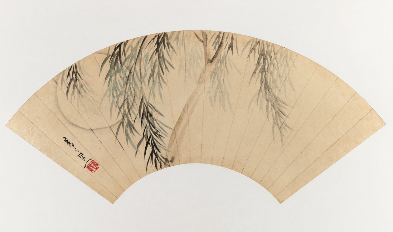 Wilg en Maan (Waaierschildering) door Suzuki Kiitsu