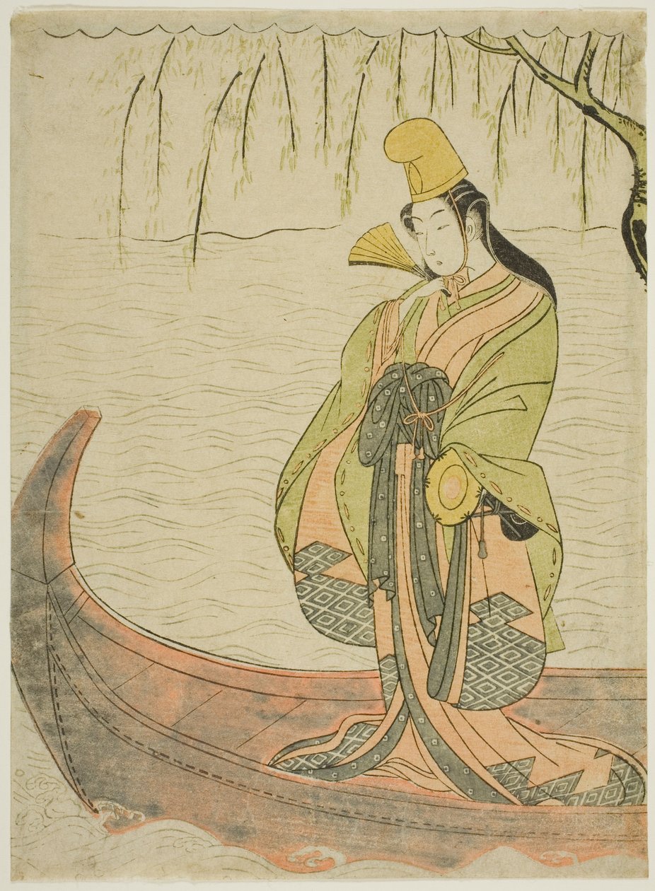 Shirabyoshi-danseres staand in Asazuma-boot door Suzuki Harunobu