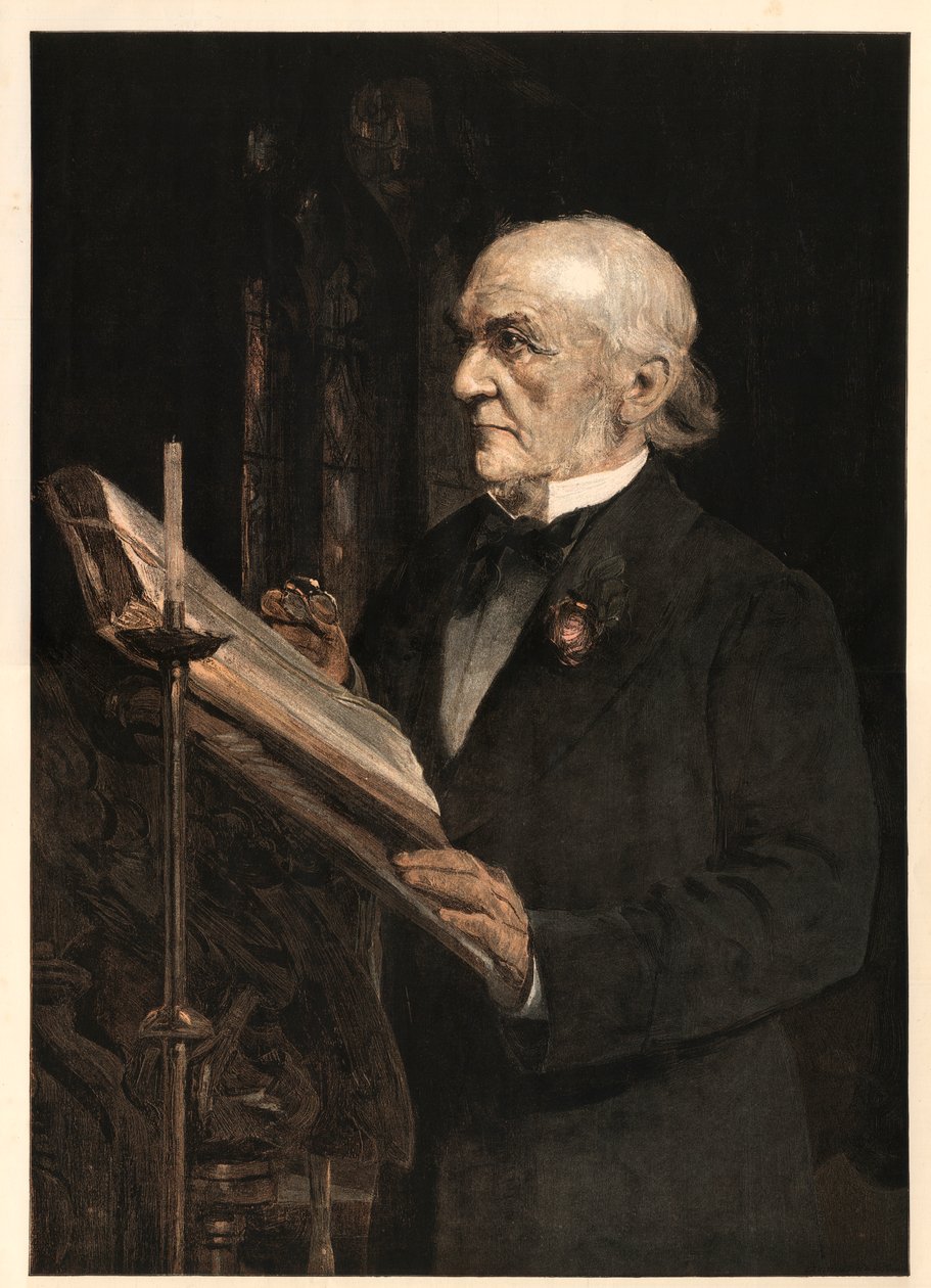 William Ewart Gladstone, Engelse staatsman, leest de les in de kerk van Hawarden. door Sydney Prior after Hall