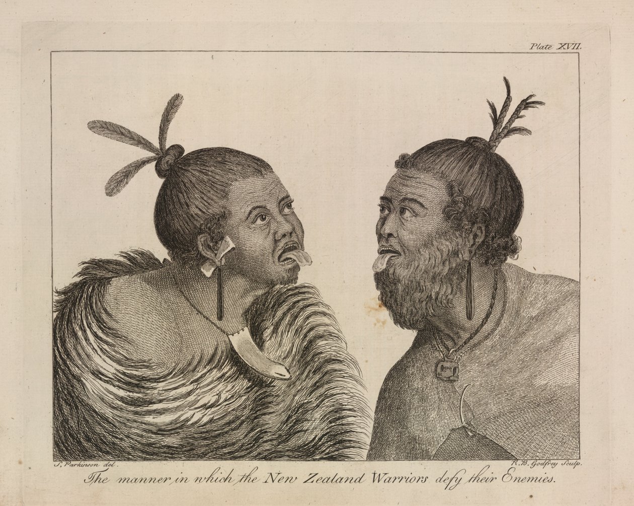 L.R.294.c.7, plaat XVII Nieuw-Zeelandse krijgers door Sydney (after) Parkinson