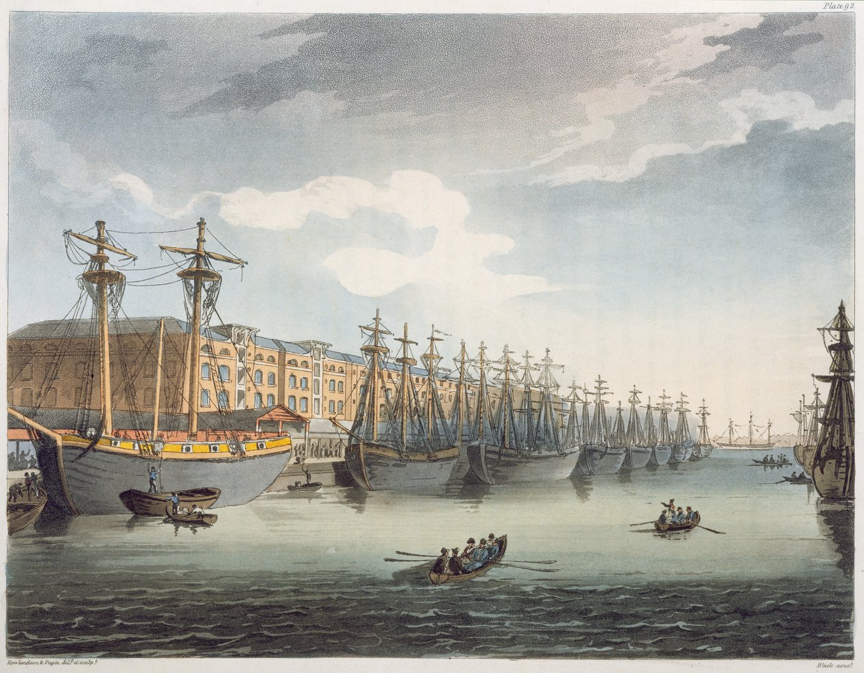 West India Docks, 1809 door Pugin and Rowlandson