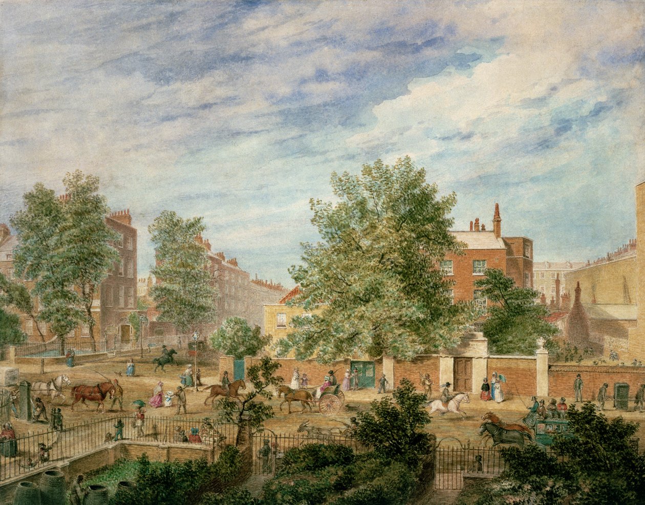 Marylebone Road bij de kruising met Lisson Grove met de Philological School in de zomer, 1849 door T. Paul Fisher