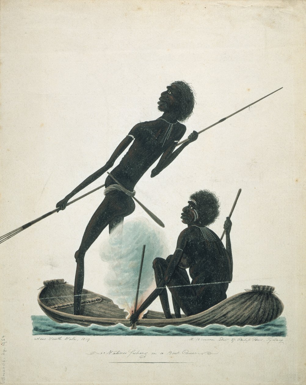 Inboorlingen vissen in een schorskano, 1819 door T.R. Browne