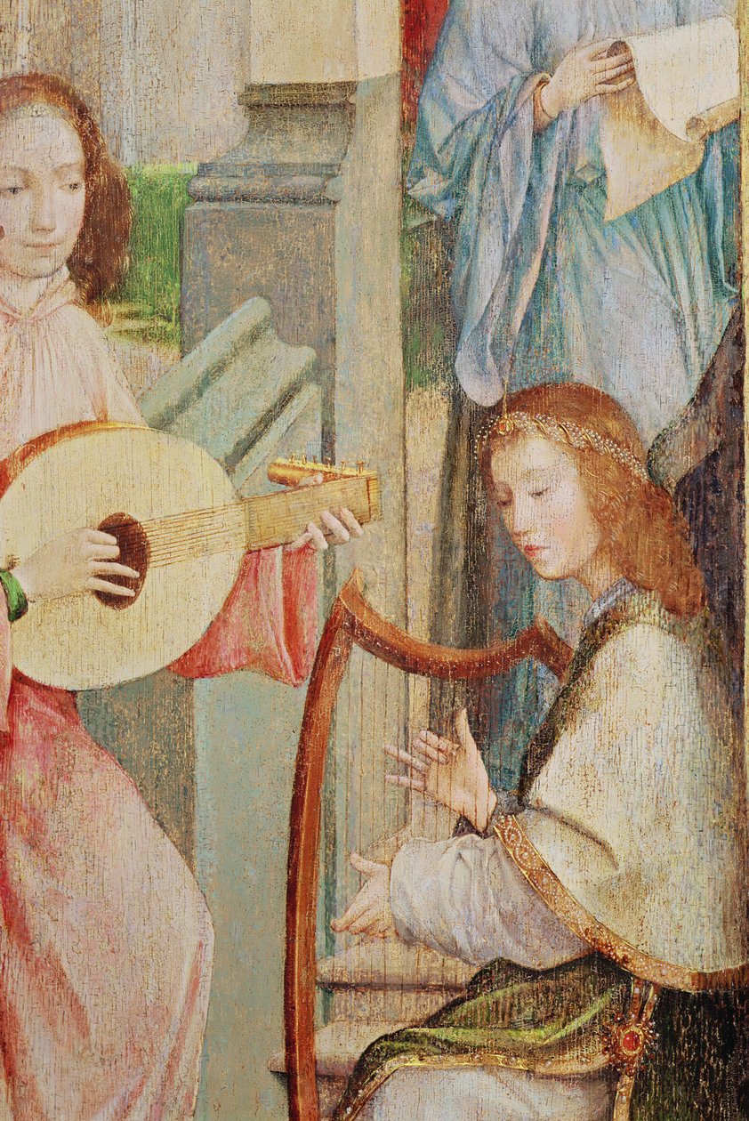 De Aankondiging, detail van twee Engelen die Instrumenten Bespelen (detail) door Taborda Vlame Frey, Carlos