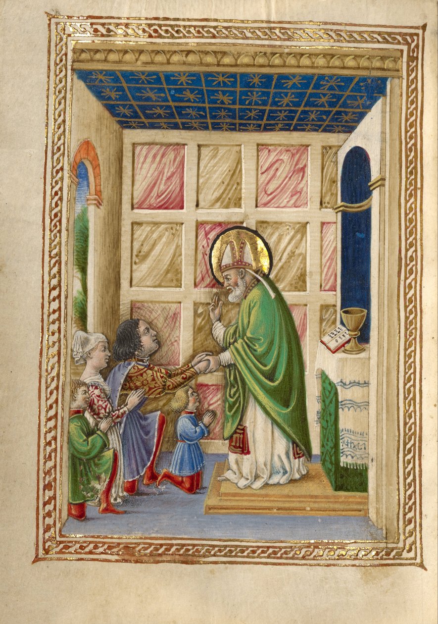 Sint Bellinus die de Mis Viert door Taddeo Crivelli