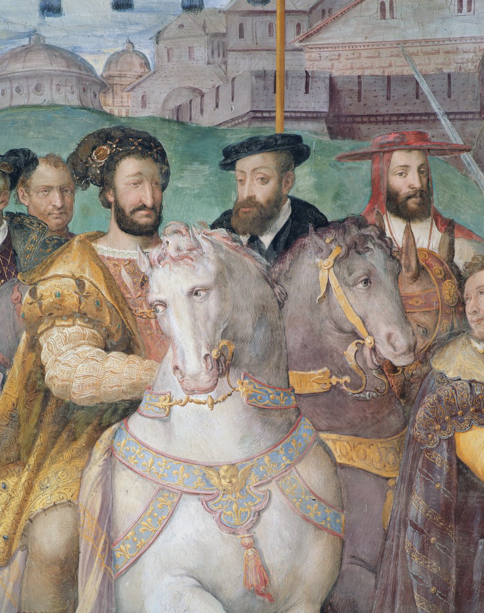 Detail van de Plechtige Intocht van Keizer Karel V, Frans I en Alessandro Farnese in Parijs in 1540, uit de Sala dei Fasti Farnese, 1557-66 door Taddeo Zuccari