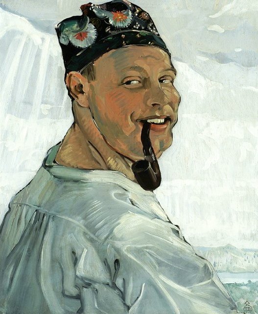 Zelfportret met pijp door Tadeusz Pruszkowski