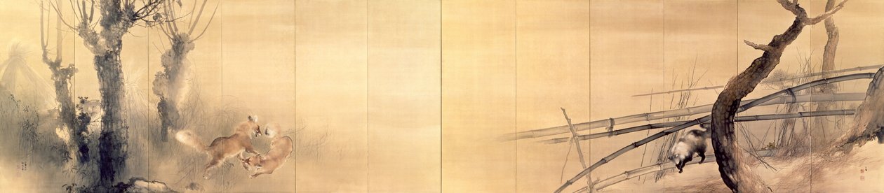 Vossen en wasbeerhond door Takeuchi Seiho