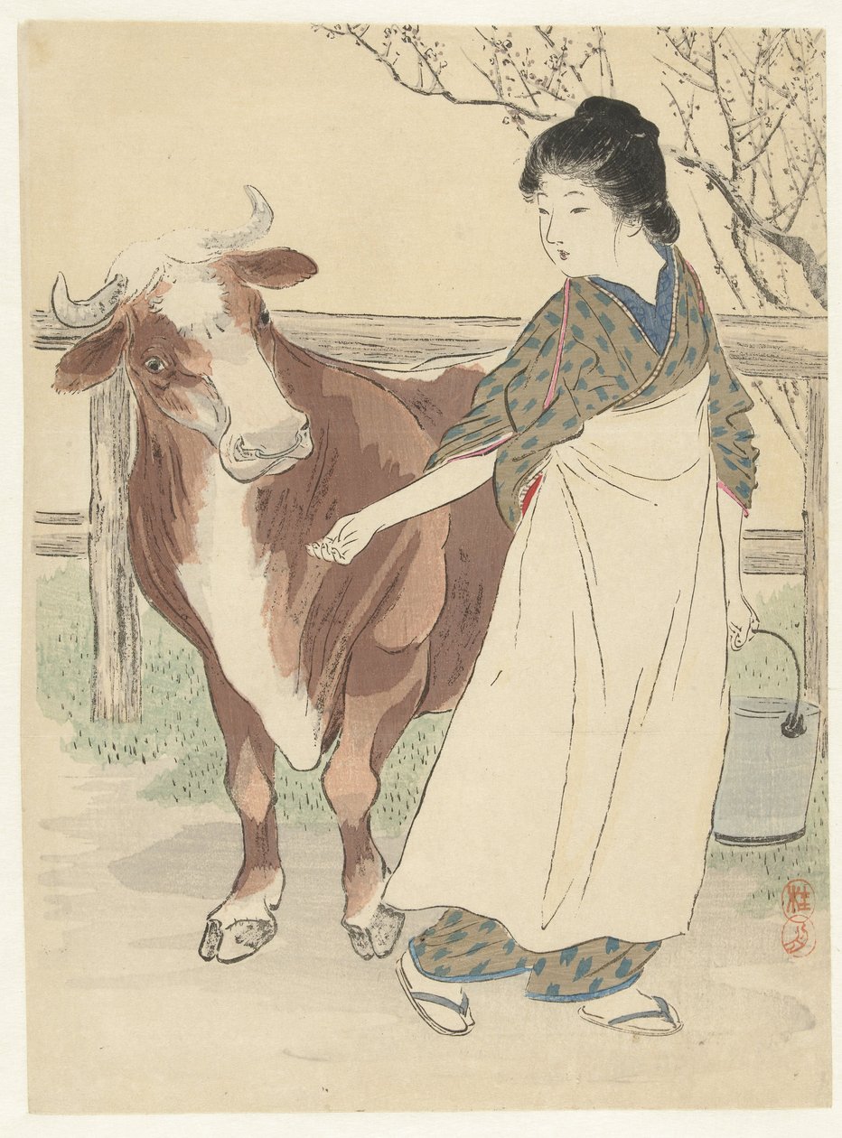 Melkmeid met koe door Takeuchi Keishū