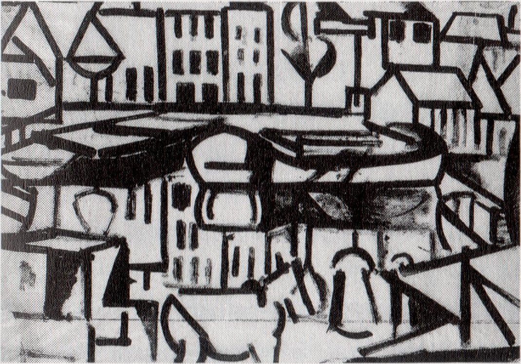 Stadsgezicht met boot Leiden door Theo van Doesburg