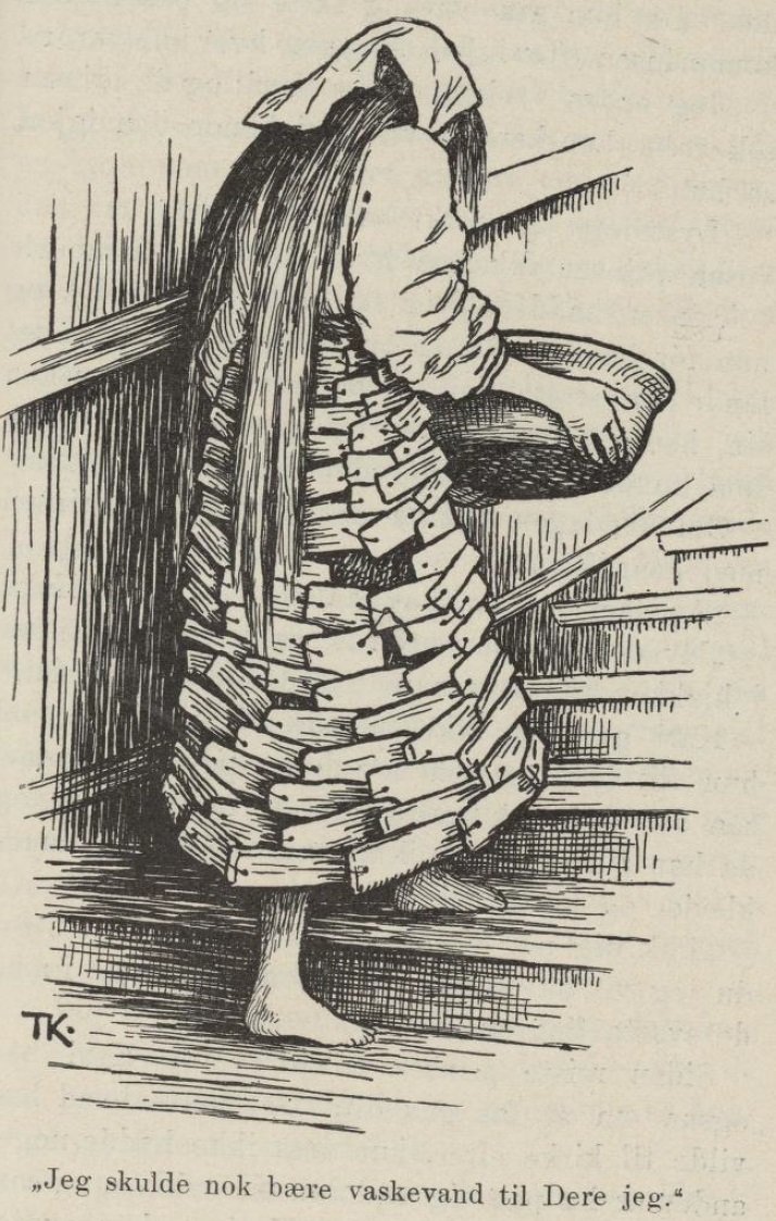 Kari Trstakk Katie Houtenmantel, in haar schorskleding zegt ik ging net het waswater voor je halen door Theodor Kittelsen