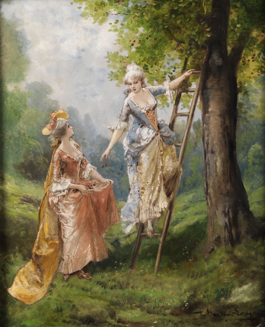 Twee dames in rococo-kostuum bij het kersenplukken door Theodor Leveque