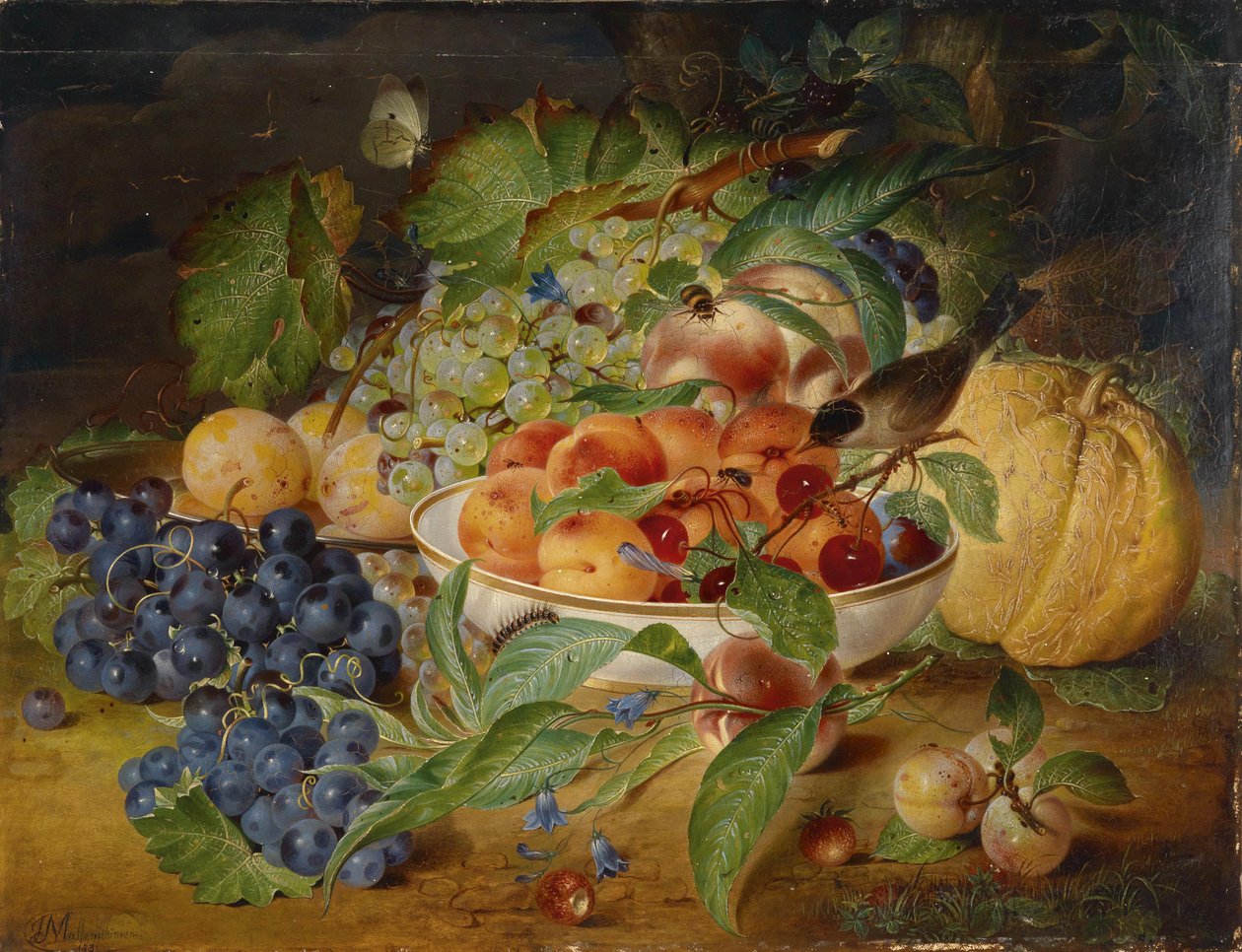 Fruitstilleven met druiven, perzik en pompoen door Theodor Mattenheimer