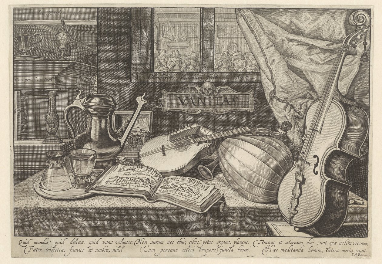 Vanitasstilleven met muziekinstrumenten door Theodor Matham